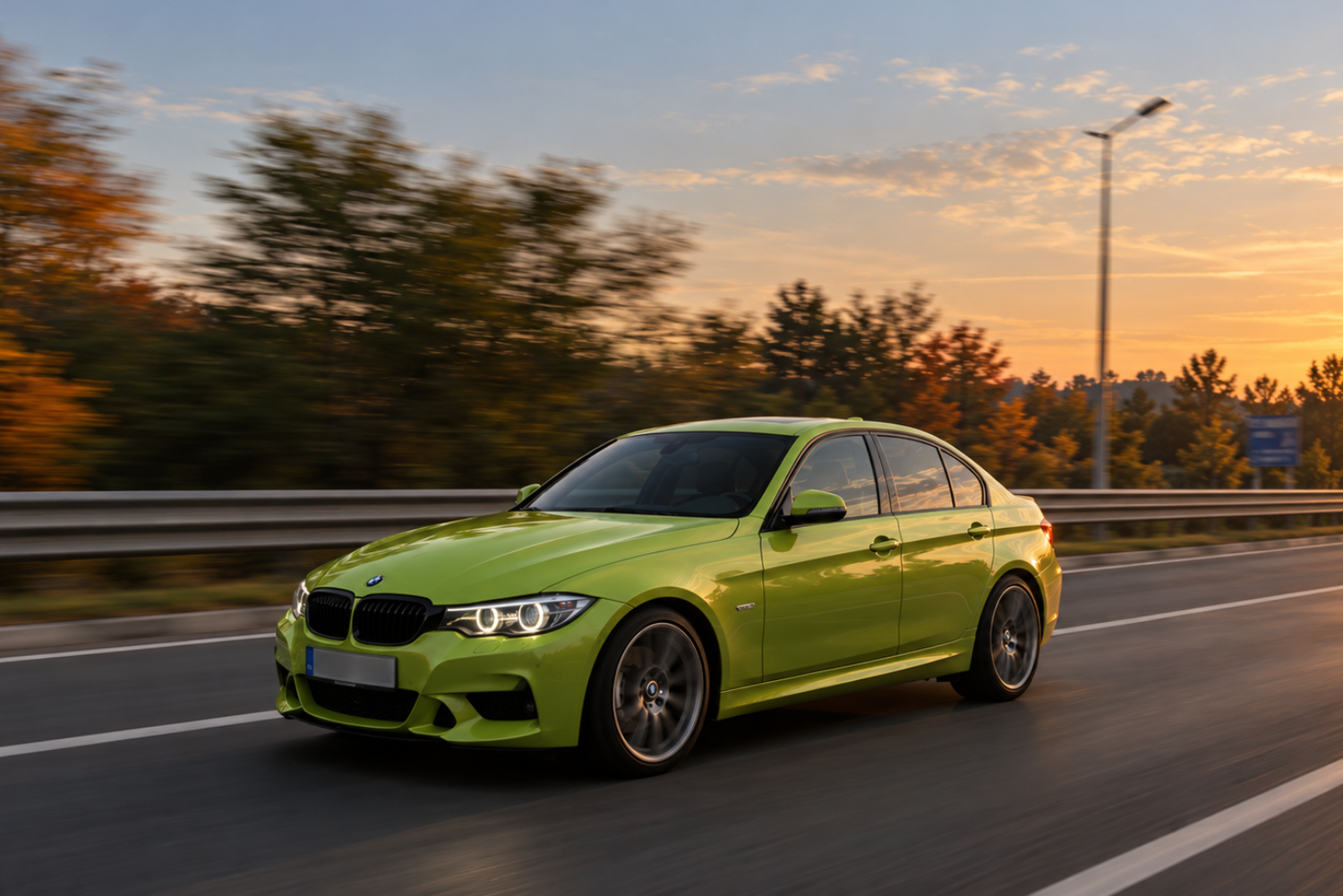 Зелёный BMW осенью на шоссе